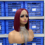 Free Shipping Jesvia Hair #99J Wine Red Color T Lace Front Bob Wig With Pre Plucked Hairline Straight