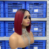 Free Shipping Jesvia Hair #1B/99J Ombre Color T Lace Front Bob Wig With Pre Plucked Hairline Straight