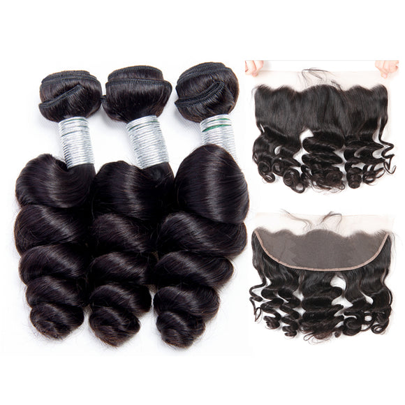 Jesvia Hair Brazilian Loose Wave Hair 3 Bundles With 4x13 Lace Frontal