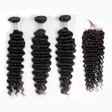 Jesvia Hair Brazilian Hair Deep Wave 3 Bundles With 1 Lace Closure