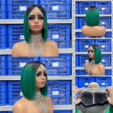 Free Shipping Jesvia Hair #1B/Green Ombre Color T Lace Front Bob Wig With Pre Plucked Hairline Straight
