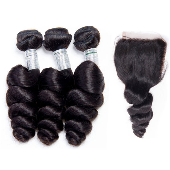 Jesvia Hair Brazilian Hair Loose Wave 3 Bundles With 1 Lace Closure