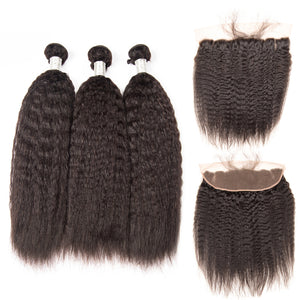 Jesvia Hair Brazilian Kinky Straight Hair 3 Bundles With 4x13 Lace Frontal