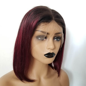 1B/99J Ombre Wine Red Color 13x4 Lace Front Bob Wig With Pre Plucked Hairline Straight